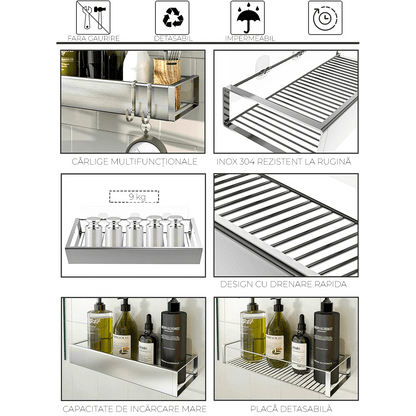 Etajeră Baie și Duș, Set 2 Rafturi din Oțel Inoxidabil, 31 x 11 x 5.5 cm, Argintiu