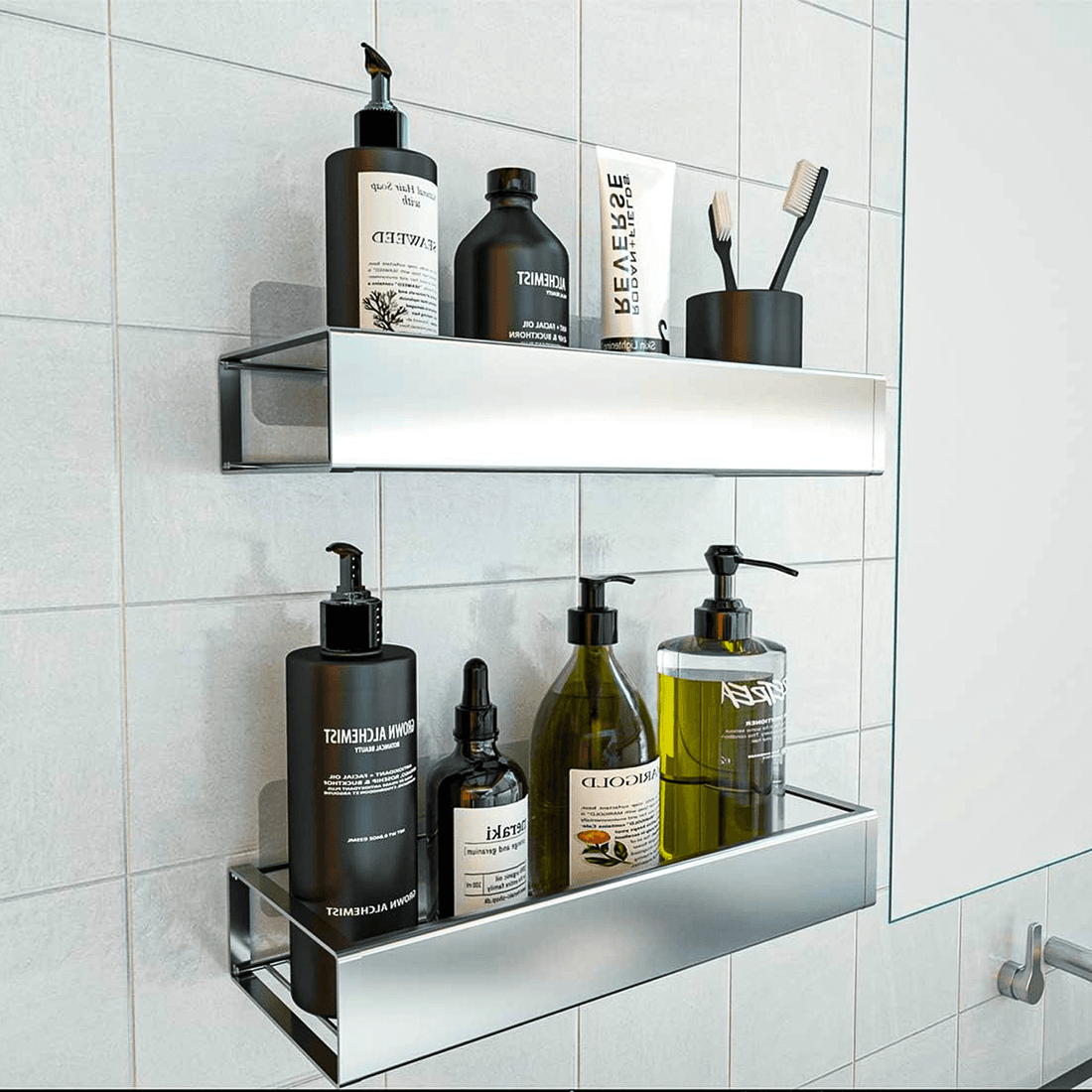 Etajeră Baie și Duș, Set 2 Rafturi din Oțel Inoxidabil, 31 x 11 x 5.5 cm, Argintiu