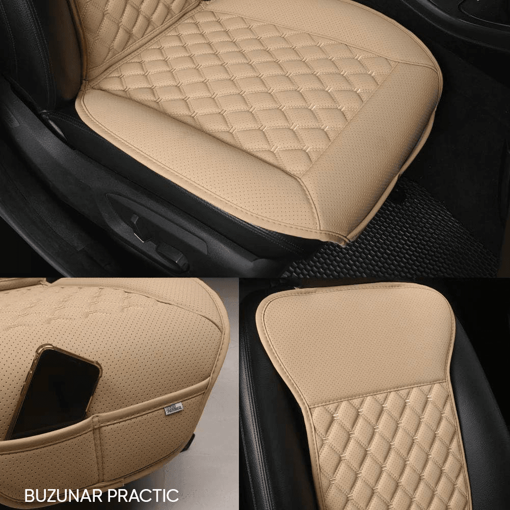 Husă Auto Universală pentru Șezut, Anti-Alunecare, Piele PU Matlasată, Design Elegant cu Buzunar de Depozitare, Bej