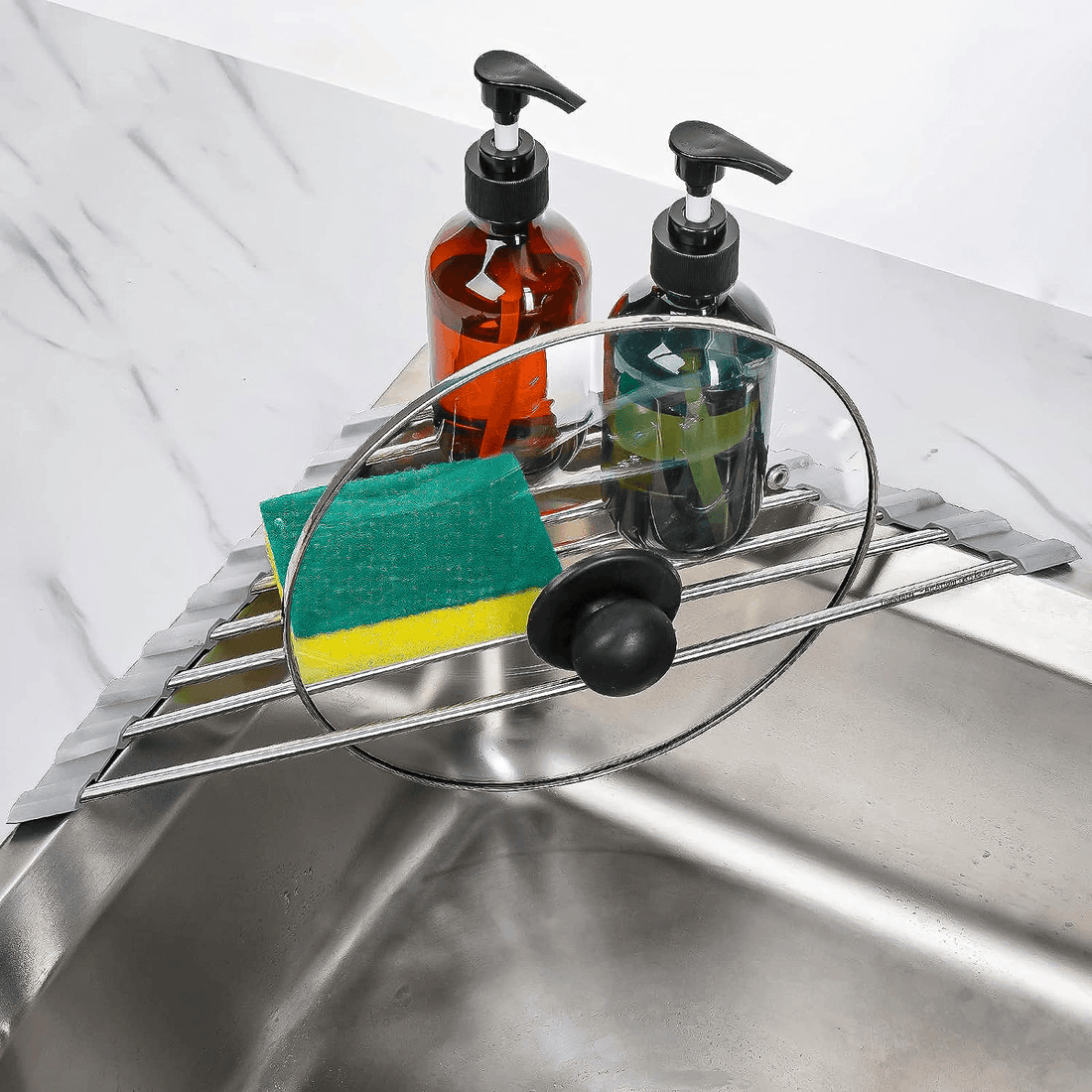 Suport Multifuncțional Bureți și Vase, Triunghiular, Pliabil, Oțel Inoxidabil, 41 x 23 x 8.5 cm, Argintiu