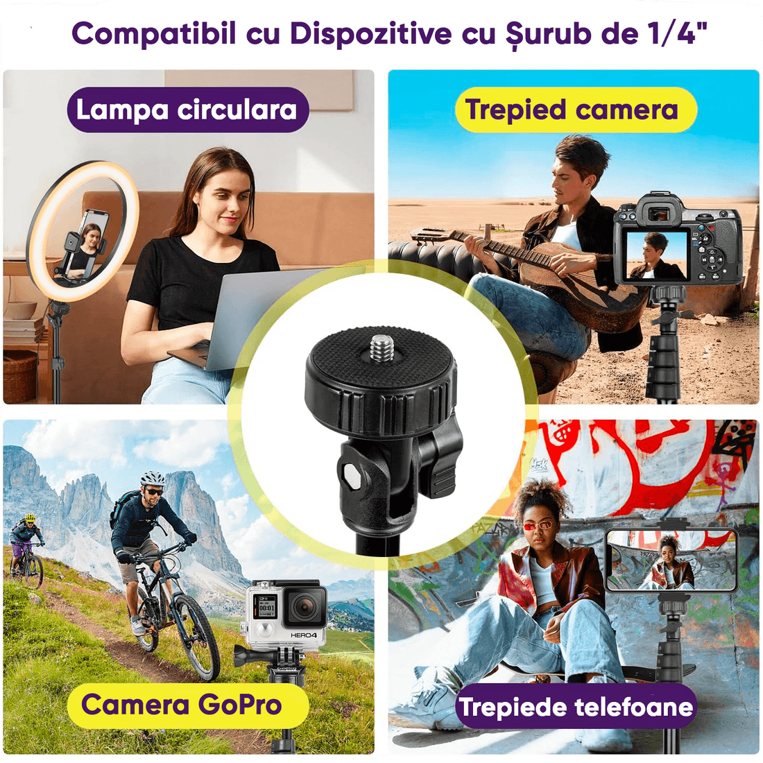 Trepied Foto Telescopic Profesional, pentru Telefon/Camera/GoPro, Bluetooth, Selfie Stick, Ajustabil, Negru