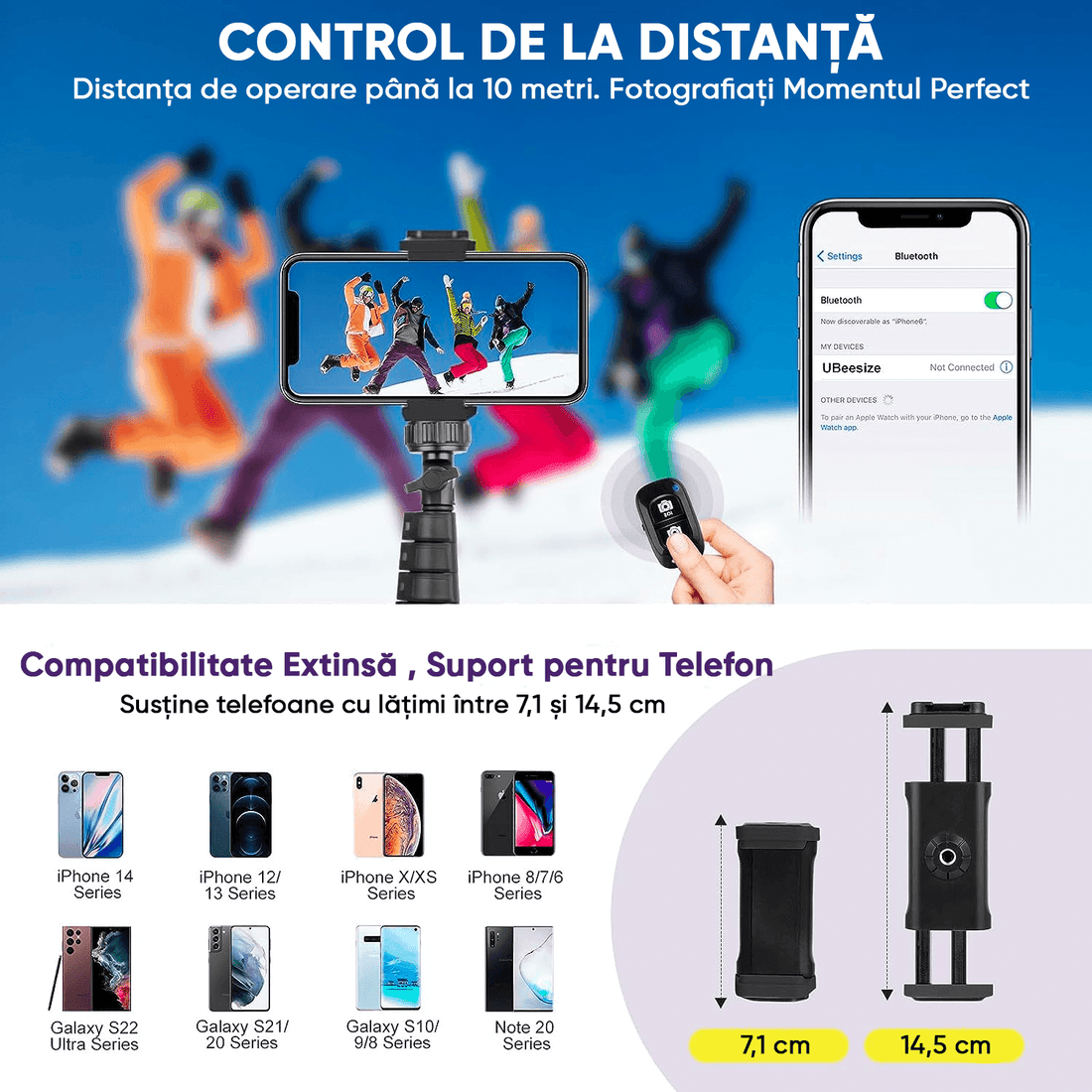Trepied Foto Telescopic Profesional, pentru Telefon/Camera/GoPro, Bluetooth, Selfie Stick, Ajustabil, Negru