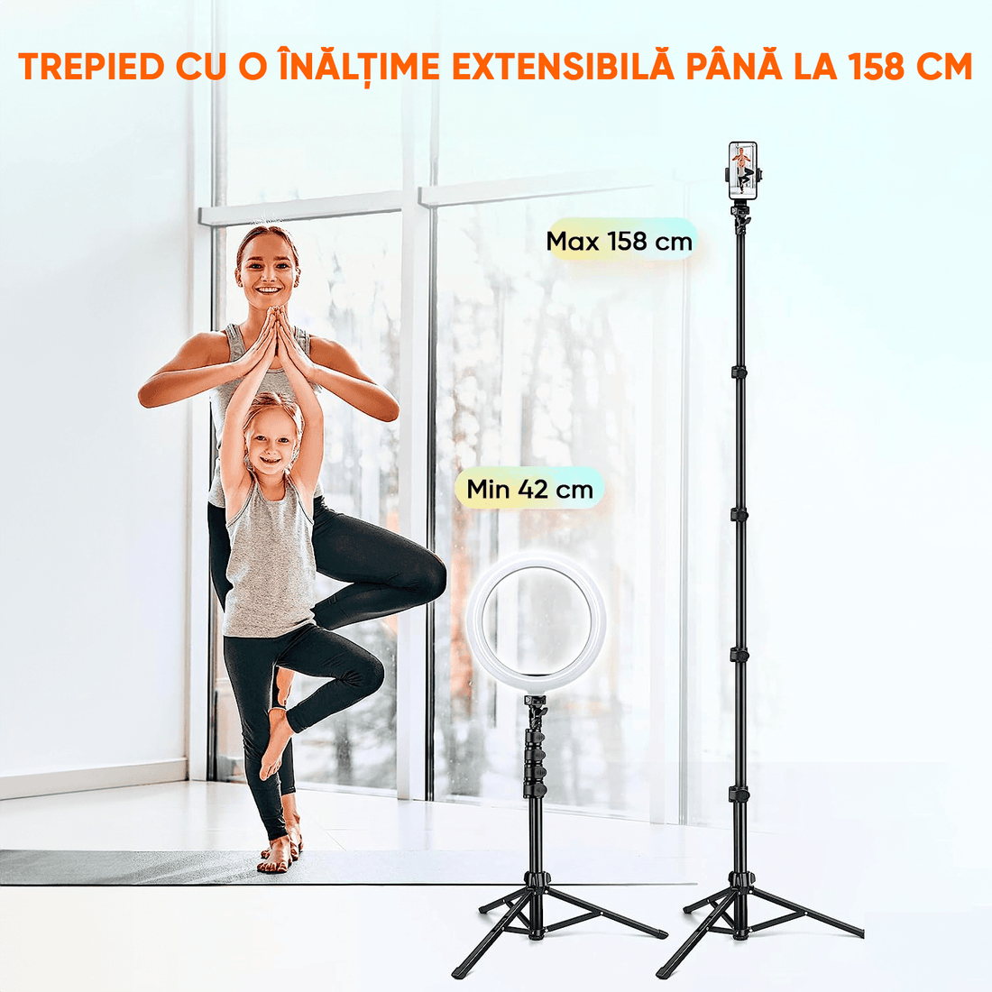 Trepied Foto Telescopic Profesional, pentru Telefon/Camera/GoPro, Bluetooth, Selfie Stick, Ajustabil, Negru