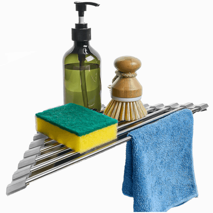 Suport Multifuncțional Bureți și Vase, Triunghiular, Pliabil, Oțel Inoxidabil, 41 x 23 x 8.5 cm, Argintiu