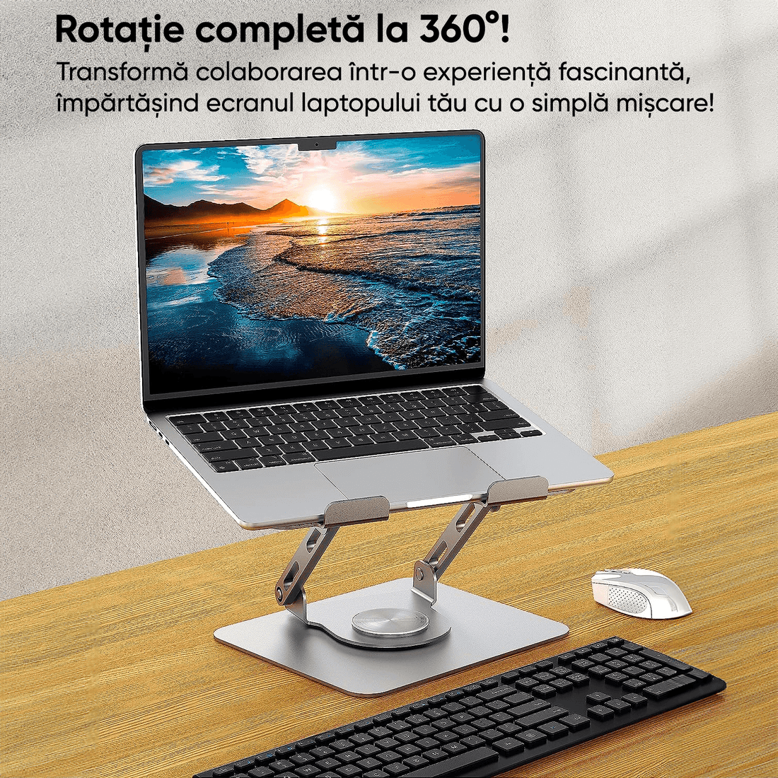 Suport Laptop Ergonomic, Reglabil, Bază Rotativă 360°, Argintiu