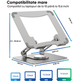 Suport Laptop Ergonomic, Reglabil, Bază Rotativă 360°, Argintiu