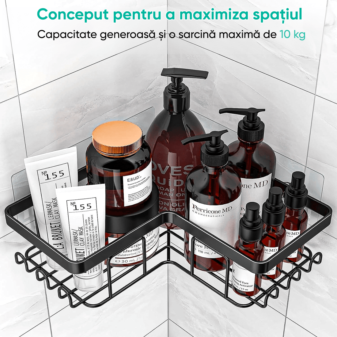 Raft de Duș Colț, Set 3 Bucăți, Oțel Inoxidabil, Negru