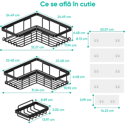 Raft de Duș Colț, Set 3 Bucăți, Oțel Inoxidabil, Negru