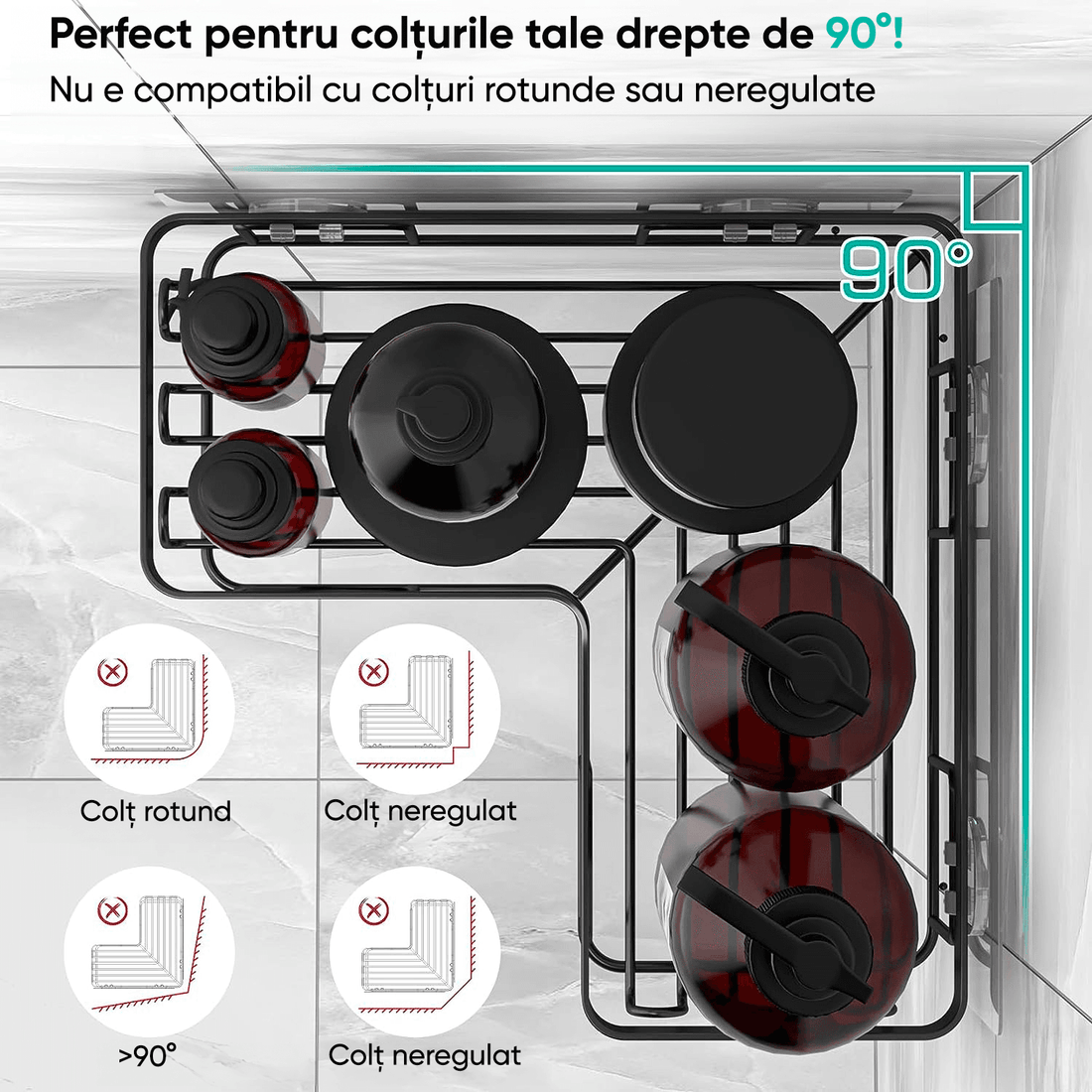 Raft de Duș Colț, Set 3 Bucăți, Oțel Inoxidabil, Negru