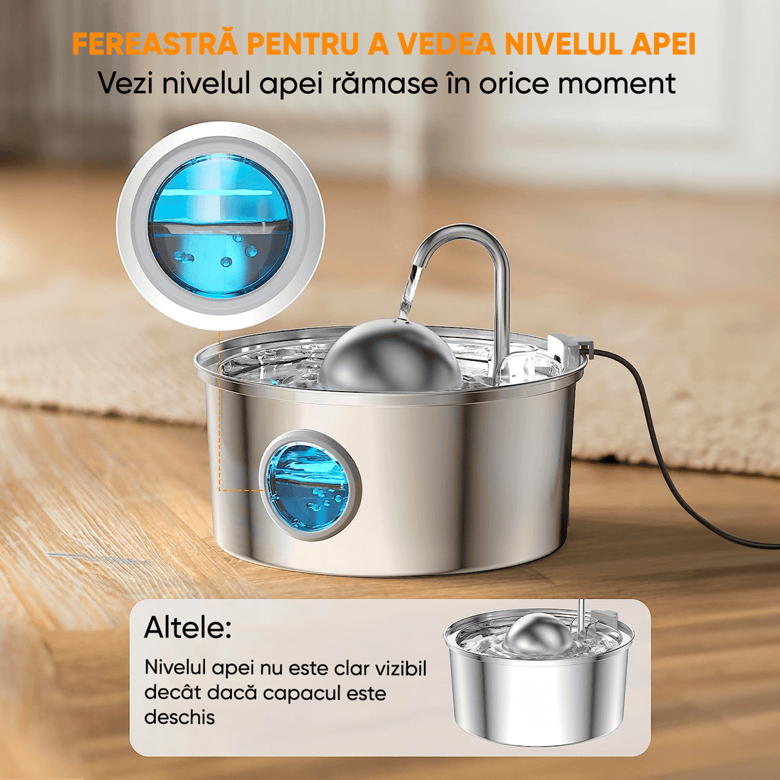 Dispenser Apă Automat pentru Pisici și Câini, 3.2L, Oțel Inoxidabil, Filtrare Activă, Silențios