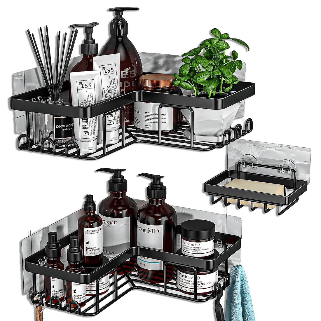 Raft de Duș Colț, Set 3 Bucăți, Oțel Inoxidabil, Negru