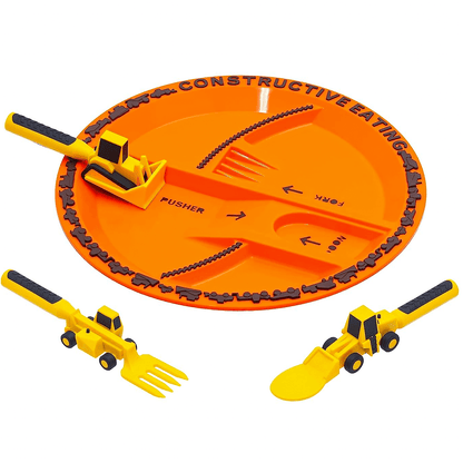 Set masa copii Elindor® – Farfurie 5 compartimente, furculiță și linguriță, 4 piese, veselă pentru mic dejun, prânz și cină, Mașinuțe de construcție