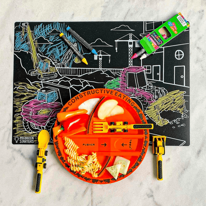 Set masa copii Elindor® – Farfurie 5 compartimente, furculiță și linguriță, 4 piese, veselă pentru mic dejun, prânz și cină, Mașinuțe de construcție