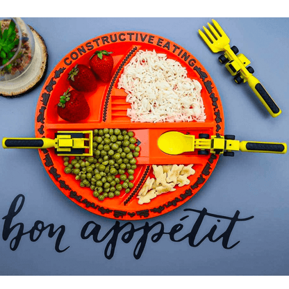 Set masa copii Elindor® – Farfurie 5 compartimente, furculiță și linguriță, 4 piese, veselă pentru mic dejun, prânz și cină, Mașinuțe de construcție