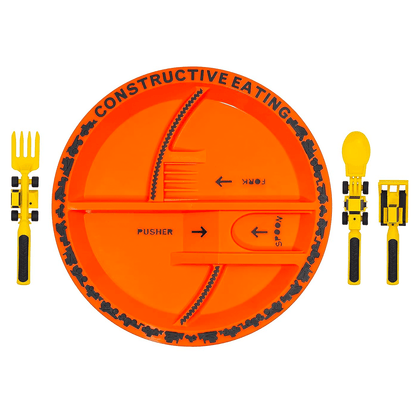 Set masa copii Elindor® – Farfurie 5 compartimente, furculiță și linguriță, 4 piese, veselă pentru mic dejun, prânz și cină, Mașinuțe de construcție