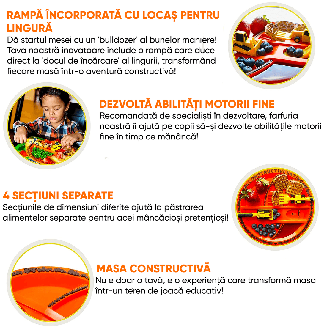 Set masa copii Elindor® – Farfurie 5 compartimente, furculiță și linguriță, 4 piese, veselă pentru mic dejun, prânz și cină, Mașinuțe de construcție