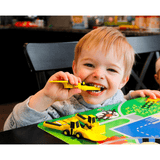 Set masa copii Elindor® – Farfurie 5 compartimente, furculiță și linguriță, 4 piese, veselă pentru mic dejun, prânz și cină, Mașinuțe de construcție
