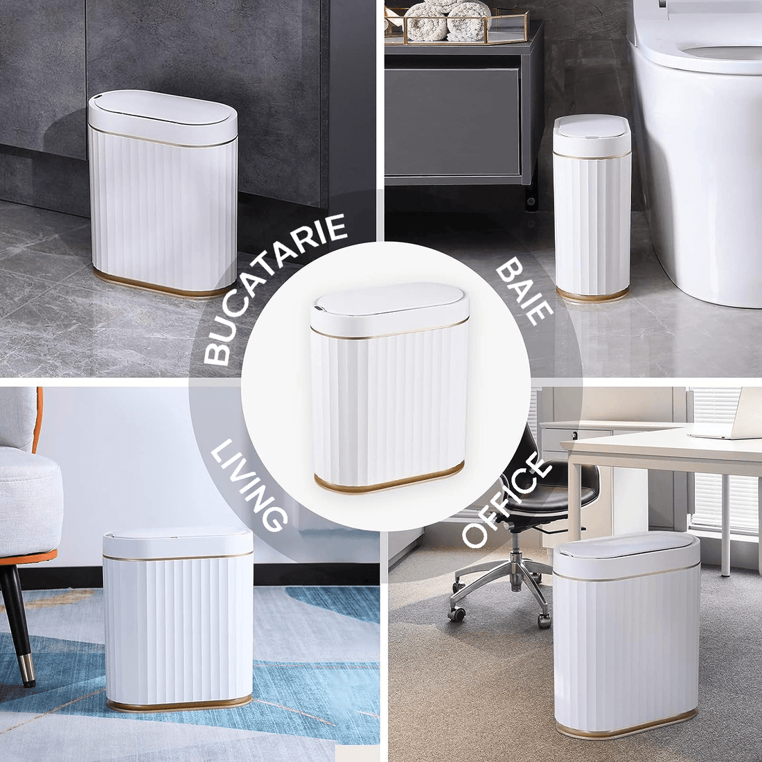 Coș de Gunoi Inteligent cu Senzor Infraros, 7L, Deschidere Silentioasă, Anti-Miros, Design Elegant, IPX5, Alb/Auriu