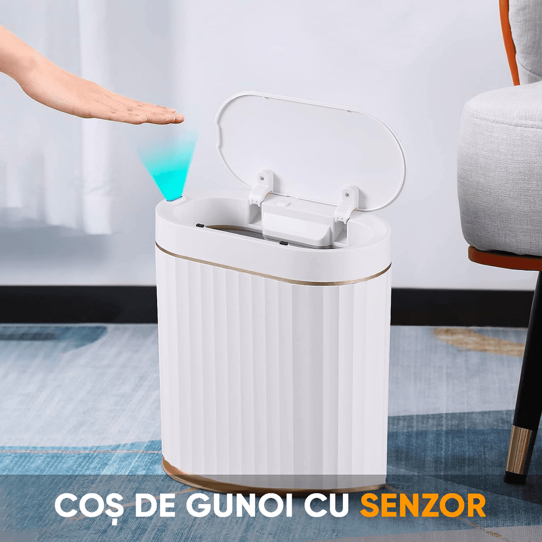 Coș de Gunoi Inteligent cu Senzor Infraros, 7L, Deschidere Silentioasă, Anti-Miros, Design Elegant, IPX5, Alb/Auriu