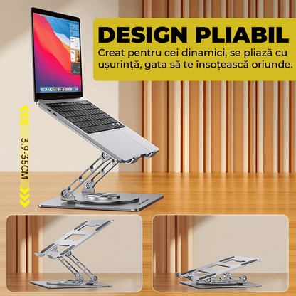 Suport Laptop Ergonomic, Reglabil, Pliabil, Bază Rotativă 360°, Gri Metalizat