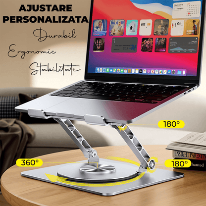 Suport Laptop Ergonomic, Reglabil, Pliabil, Bază Rotativă 360°, Gri Metalizat