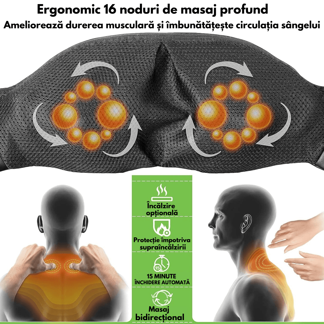 Aparat Masaj Profesional Elindor®, Reîncărcabil, Shiatsu, 8 Puncte, Cervical, Spate, Lombar, Abdomen, Picioare, Negru/Albastru