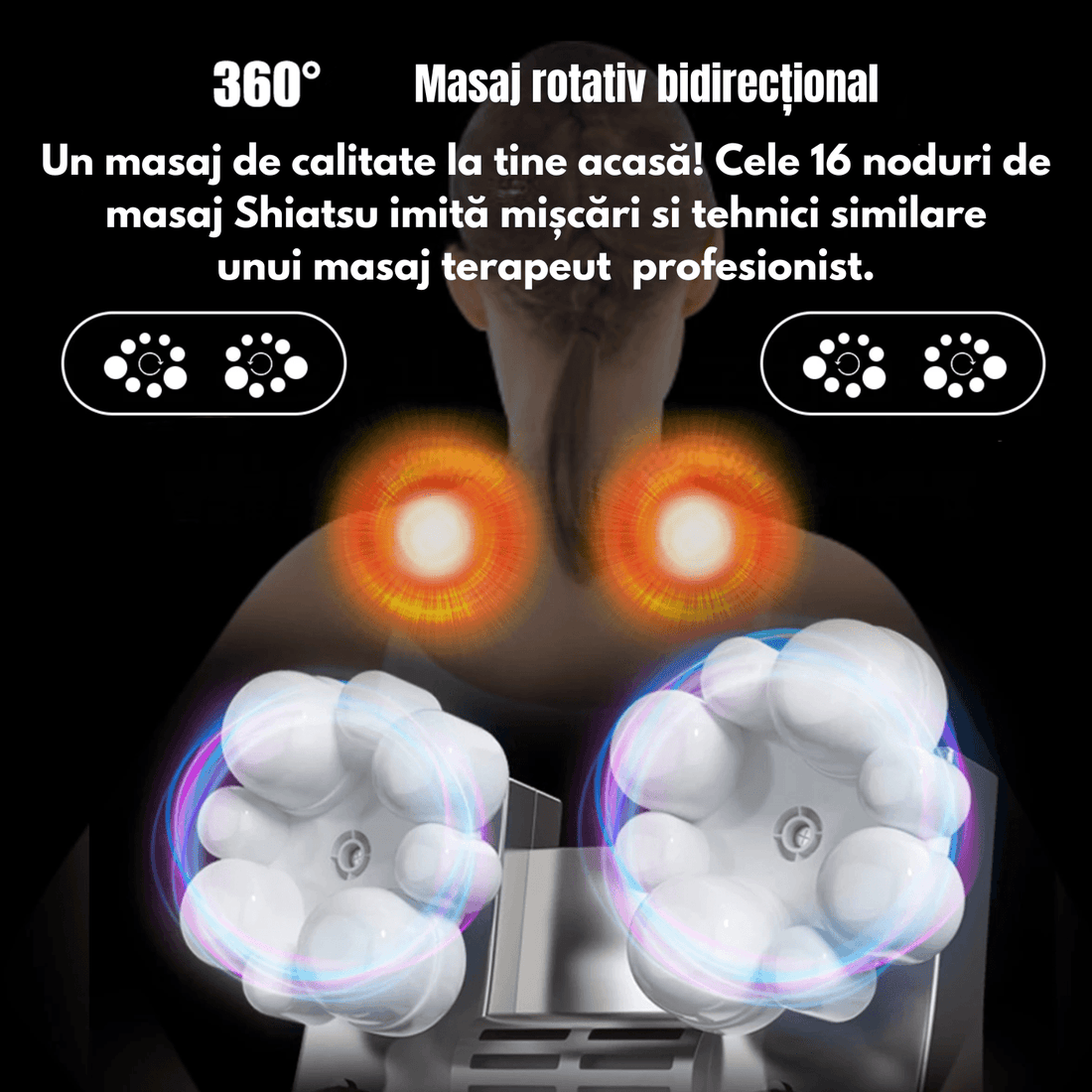 Aparat Masaj Profesional Elindor®, Reîncărcabil, Shiatsu, 8 Puncte, Cervical, Spate, Lombar, Abdomen, Picioare, Negru/Albastru