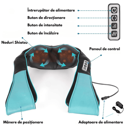 Aparat Masaj Profesional Elindor®, Reîncărcabil, Shiatsu, 8 Puncte, Cervical, Spate, Lombar, Abdomen, Picioare, Negru/Albastru