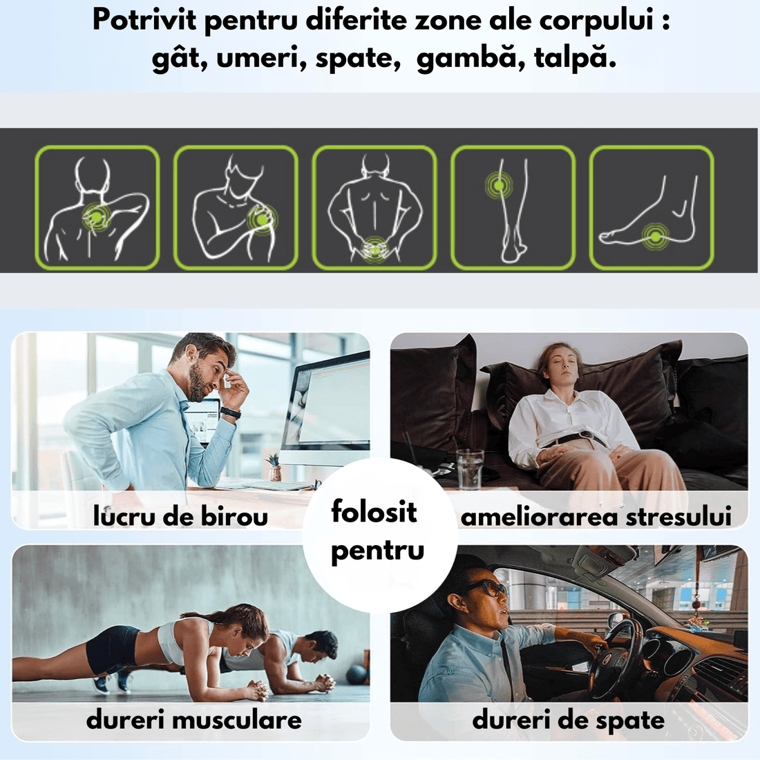 Aparat Masaj Profesional Elindor®, Reîncărcabil, Shiatsu, 8 Puncte, Cervical, Spate, Lombar, Abdomen, Picioare, Negru/Albastru