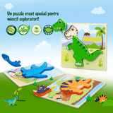 Set puzzle interactiv din lemn pentru copii 2+, educațional, 7 specii de dinozauri, jucărie distractivă, multicolor.