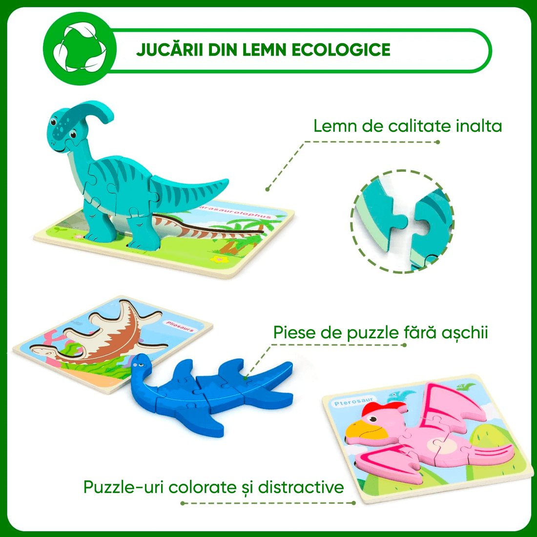 Set puzzle interactiv din lemn pentru copii 2+, educațional, 7 specii de dinozauri, jucărie distractivă, multicolor.