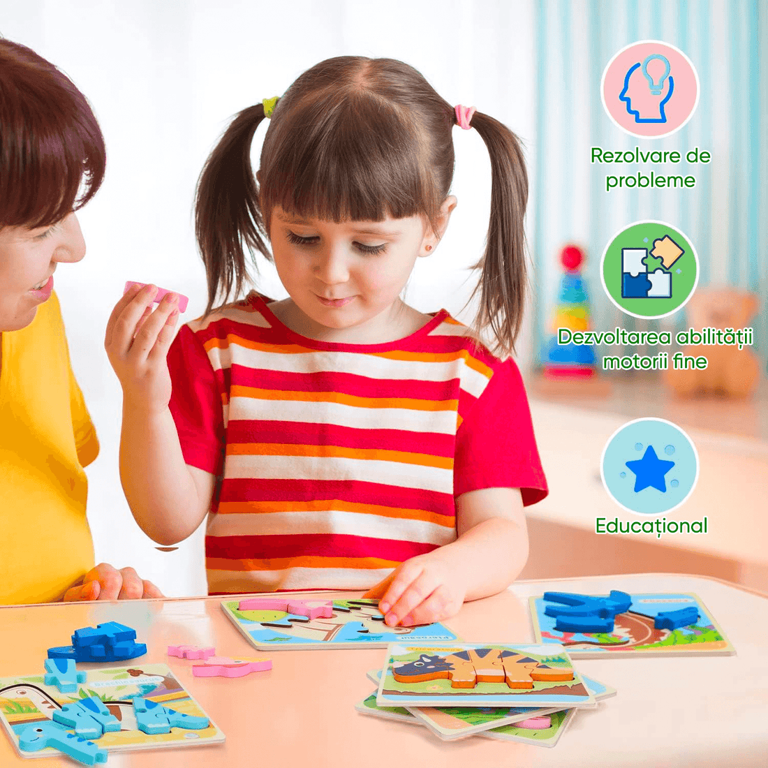 Set puzzle interactiv din lemn pentru copii 2+, educațional, 7 specii de dinozauri, jucărie distractivă, multicolor.