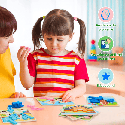 Set puzzle interactiv din lemn pentru copii 2+, educațional, 7 specii de dinozauri, jucărie distractivă, multicolor.