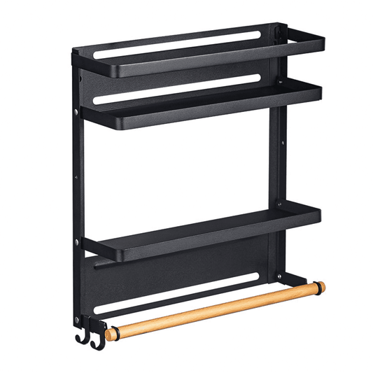 Raft Metalic Condimente Elindor®, Magnetic, 2 Polițe + Suport Rola Prosop, Negru