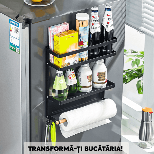 Raft Metalic Condimente Elindor®, Magnetic, 2 Polițe + Suport Rola Prosop, Negru