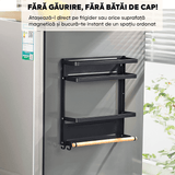 Raft Metalic Condimente Elindor®, Magnetic, 2 Polițe + Suport Rola Prosop, Negru