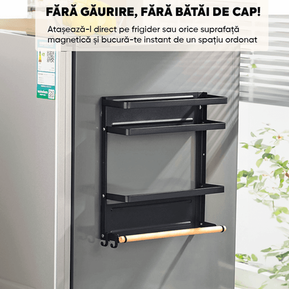 Raft Metalic Condimente Elindor®, Magnetic, 2 Polițe + Suport Rola Prosop, Negru