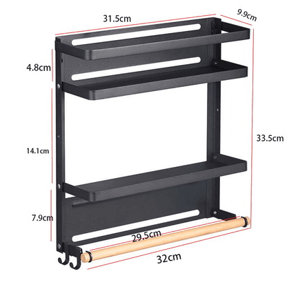 Raft Metalic Condimente Elindor®, Magnetic, 2 Polițe + Suport Rola Prosop, Negru