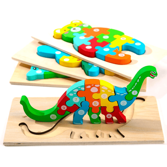 Set puzzle educațional din lemn pentru copii 2+, 4 animale colorate – dinozaur, iepuraș, ursuleț și delfin, interactiv și distractiv.