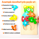 Set puzzle educațional din lemn pentru copii 2+, 4 animale colorate – dinozaur, iepuraș, ursuleț și delfin, interactiv și distractiv.