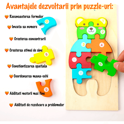Set puzzle educațional din lemn pentru copii 2+, 4 animale colorate – dinozaur, iepuraș, ursuleț și delfin, interactiv și distractiv.