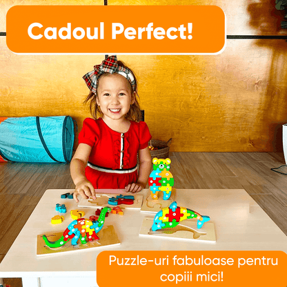 Set puzzle educațional din lemn pentru copii 2+, 4 animale colorate – dinozaur, iepuraș, ursuleț și delfin, interactiv și distractiv.