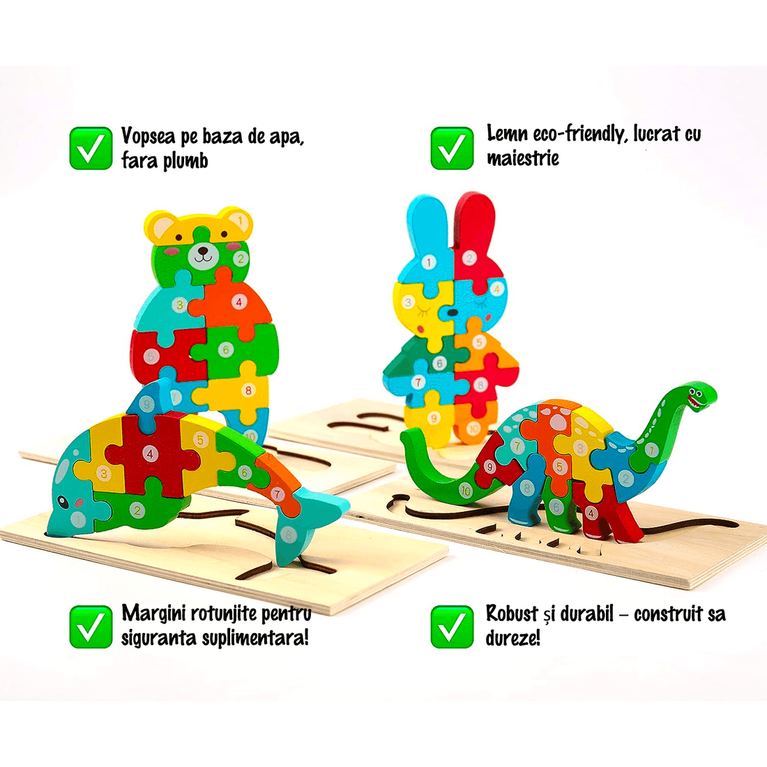 Set puzzle educațional din lemn pentru copii 2+, 4 animale colorate – dinozaur, iepuraș, ursuleț și delfin, interactiv și distractiv.