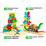 Set puzzle educațional din lemn pentru copii 2+, 4 animale colorate – dinozaur, iepuraș, ursuleț și delfin, interactiv și distractiv.
