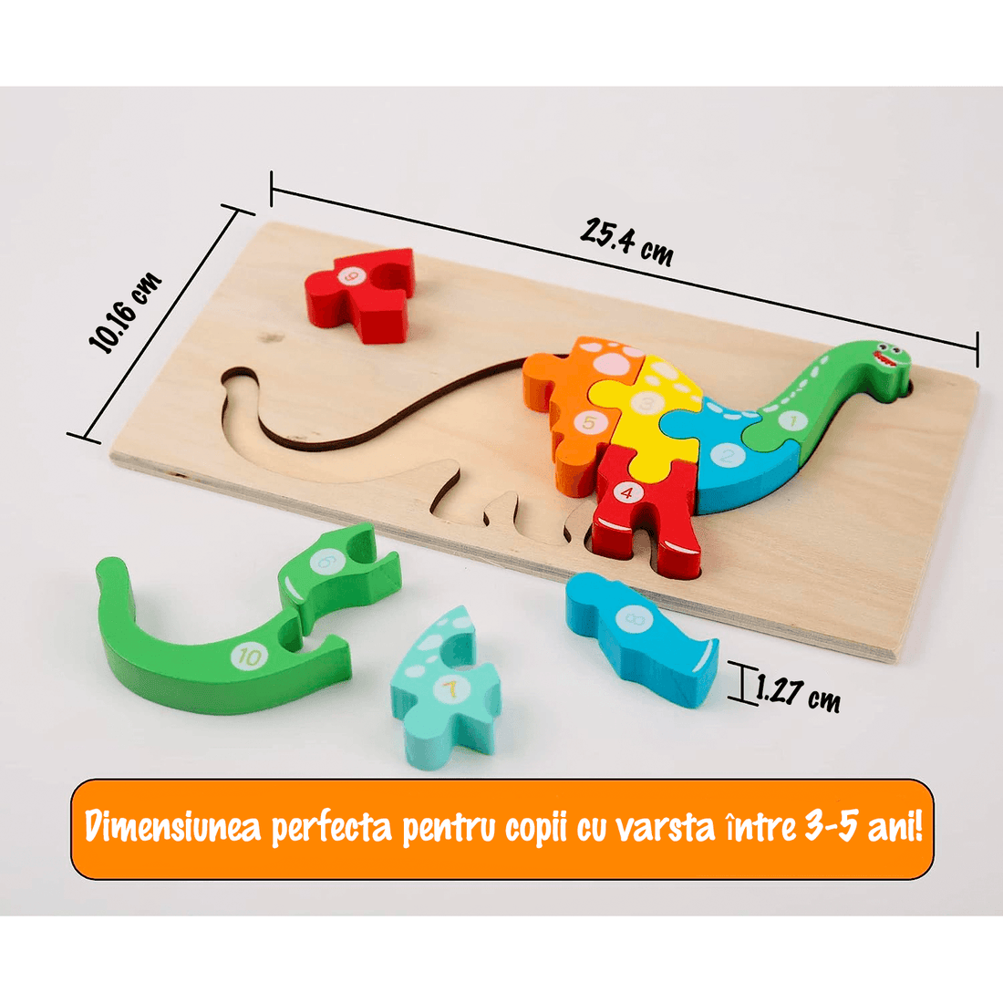 Set puzzle educațional din lemn pentru copii 2+, 4 animale colorate – dinozaur, iepuraș, ursuleț și delfin, interactiv și distractiv.