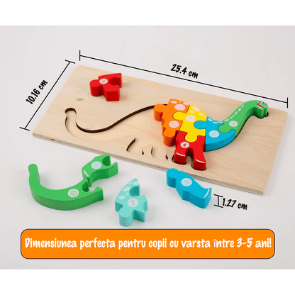 Set puzzle educațional din lemn pentru copii 2+, 4 animale colorate – dinozaur, iepuraș, ursuleț și delfin, interactiv și distractiv.