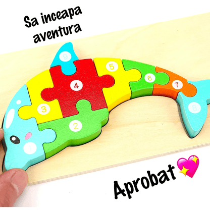 Set puzzle educațional din lemn pentru copii 2+, 4 animale colorate – dinozaur, iepuraș, ursuleț și delfin, interactiv și distractiv.