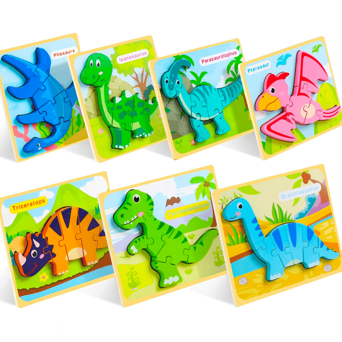 Set puzzle interactiv din lemn pentru copii 2+, educațional, 7 specii de dinozauri, jucărie distractivă, multicolor.