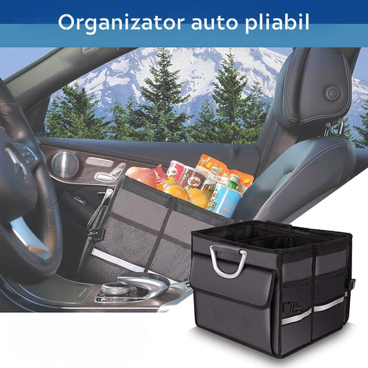 Organizator Portbagaj Auto Multifuncțional, 3 Compartimente, Pliabil, Capacitate 60L, Material Oxford 1680D, Bandă Reflectorizantă, 57 x 33.5 x 29 cm, Negru Mat