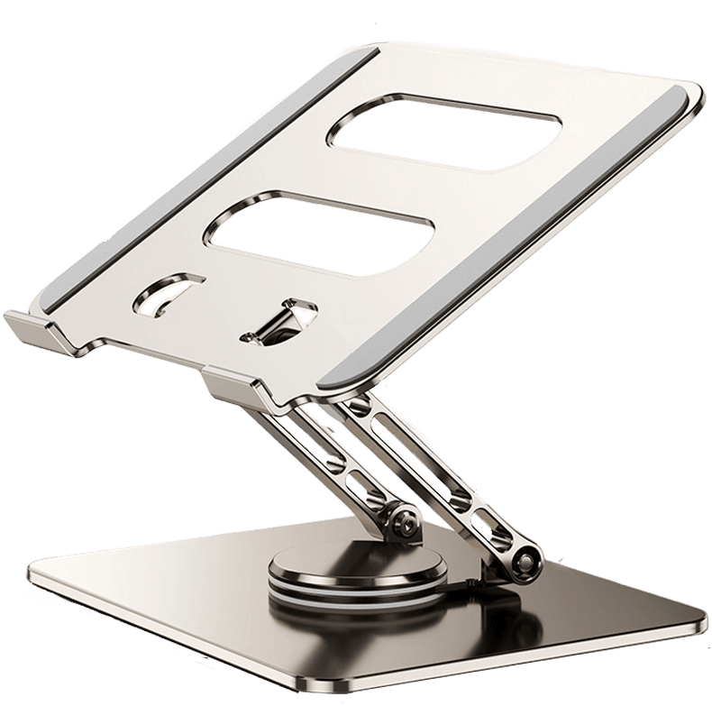 Suport Laptop Ergonomic Reglabil, Bază Rotativă 360°, Aluminiu și Silicon, Pliabil, 10-17”, Argintiu